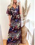 Lady Purple Leopard Print Chiffon Wrap Maxi Dress