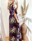 Lady Purple Leopard Print Chiffon Wrap Maxi Dress