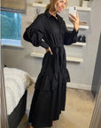 Puff sleeve shirt dress with tiered hem skirt in black