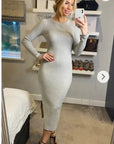 Ribbed midi Knit dress long sleeves in plain grey