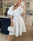 Oversized puff sleeve midi dress in White
