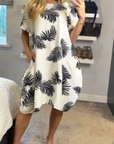 multi leaves print black white contrast cotton shift dress