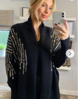 Sequin embellished shoulder and front soft knit cardigan in black