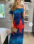 Floral print Off Shoulder maxi dress (Blue)