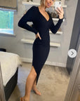 Soft Knitted Ribbed Midi Bodycon front twist design Dress In Black