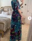 Lady Blue Print Print Chiffon Wrap Maxi Dress