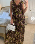 Chiffon Cross Wrap Maxi Dress in brown floral print