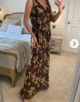 Chiffon Cross Wrap Maxi Dress in brown floral print