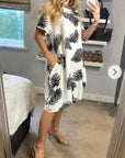 multi leaves print black white contrast cotton shift dress