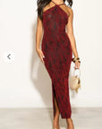 High-neck sleeveless metallic-knit with pattern print maxi dress in Red