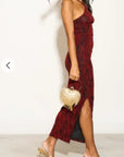 High-neck sleeveless metallic-knit with pattern print maxi dress in Red