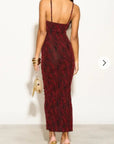 High-neck sleeveless metallic-knit with pattern print maxi dress in Red