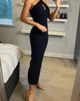 Soft Knitted Ribbed Midi Bodycon twist neck Dress In Black
