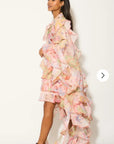 Heavy tiered ruffle oversized dress in pink floral print