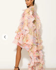 Heavy tiered ruffle oversized dress in pink floral print