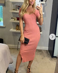 Short sleeves Ribbed Knit Bodycon Dress with Side Split in Salmon Pink