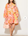 Oversized Pink Floral Print Billow Dress With Blouson Sleeves