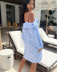 Eyelash Embroidery Blue Stripe Cold Shoulder Dress (Light Blue )