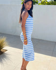 Knitted stripe print with straps design midi bodycon dress in Blue