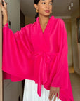 Full pleated Kimono sleeves cardigan top and tie dye print maxi skirt in pink