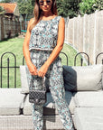Monochrome print cotton tassel vest top and trousers suits co-ords (BLUE)