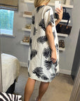 multi leaves print black white contrast cotton shift dress