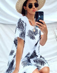 multi leaves print black white contrast cotton shift dress