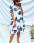 multi leaves print black white contrast cotton shift dress