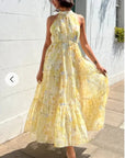 Multi floral print Organza feeling Halter neck maxi dress in yellow