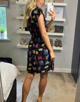 Vintage Print V-Neck Skater Mini Dress