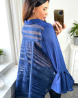 Oversized Shirt with Frilled Sleeves and Mesh Back in Blue