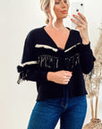Black Cropped Cardigan with Tassel Fringe & Faux Fur