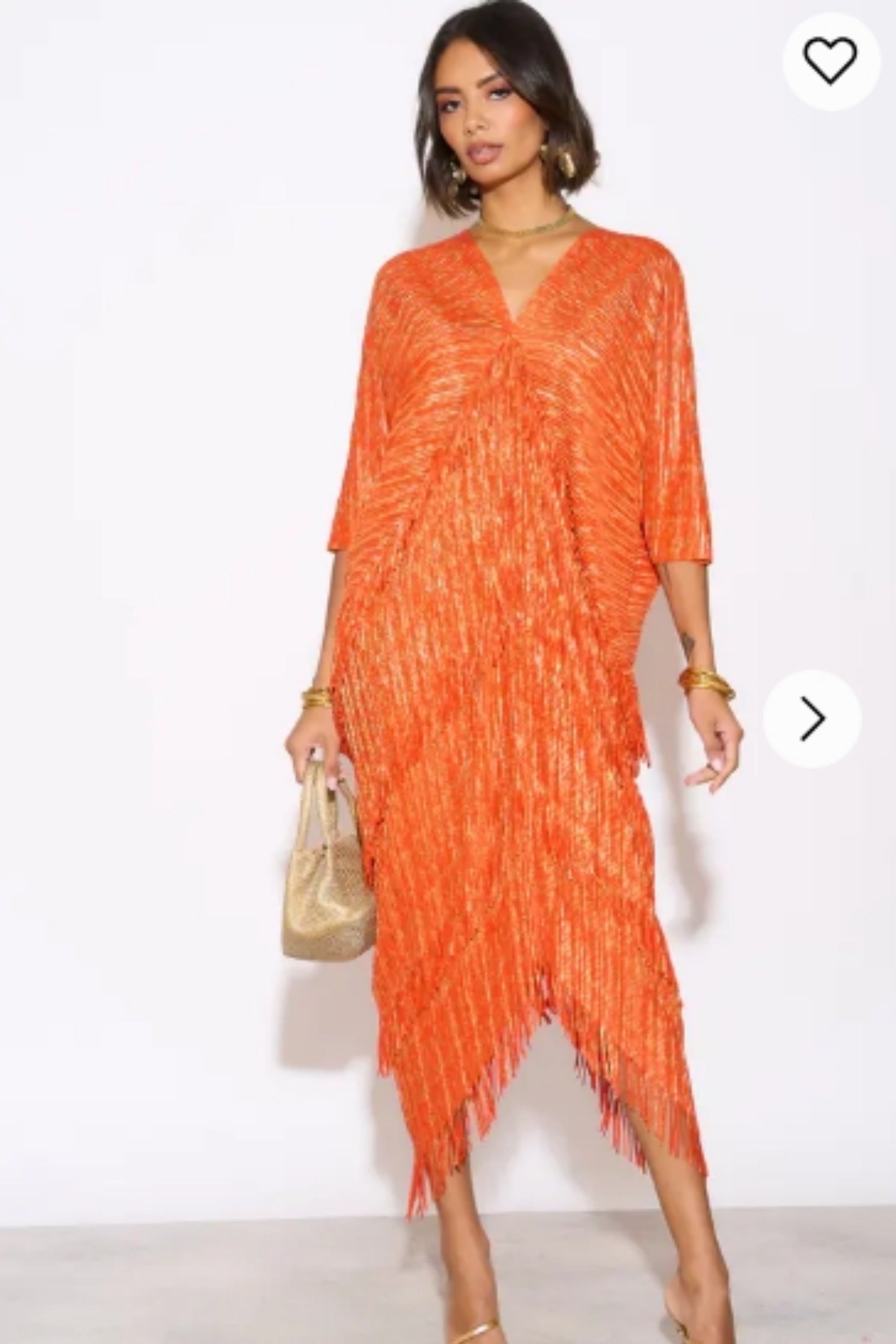 Layers Multi Fringed Tassel Pleated Midi Dress in Orange