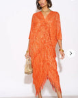 Layers Multi Fringed Tassel Pleated Midi Dress in Orange