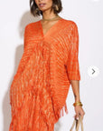 Layers Multi Fringed Tassel Pleated Midi Dress in Orange