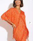 Layers Multi Fringed Tassel Pleated Midi Dress in Orange
