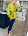 Ruffle design around chest and hem cotton shirt in green