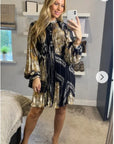 Black and Gold Print Scarf print Full pleated Shirt dress