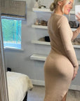 Soft Knitted Ribbed Midi Bodycon front twist design Dress In Beige