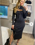 Lace up and cut out design Metallic midi bodycon dress in Black