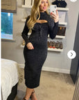 Lace up and cut out design Metallic midi bodycon dress in Black