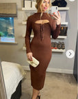 Lace up and cut out design Metallic midi bodycon dress in Brown