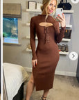 Lace up and cut out design Metallic midi bodycon dress in Brown