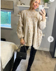 Fine knit oversized jumper with monogrammed pattern design in Beige and White