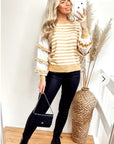 Multi layer ruffle sleeves yellow white color stripe jumper top