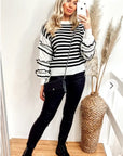 Multi layer ruffle sleeves black white color stripe jumper top