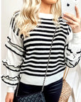 Multi layer ruffle sleeves black white color stripe jumper top