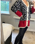 Leopard pattern design oversized cardigan with red hem