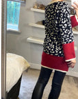Leopard pattern design oversized cardigan with red hem