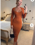 Soft Knitted Ribbed Midi Bodycon Dress Long Sleeve In Brown